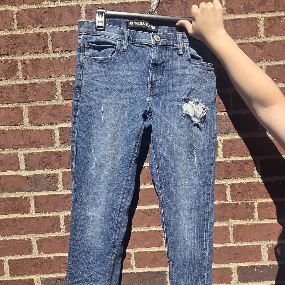 Express Jeans | Women's Distressed Skinny Jeans in Blue (Girlfriend Midrise) EUC